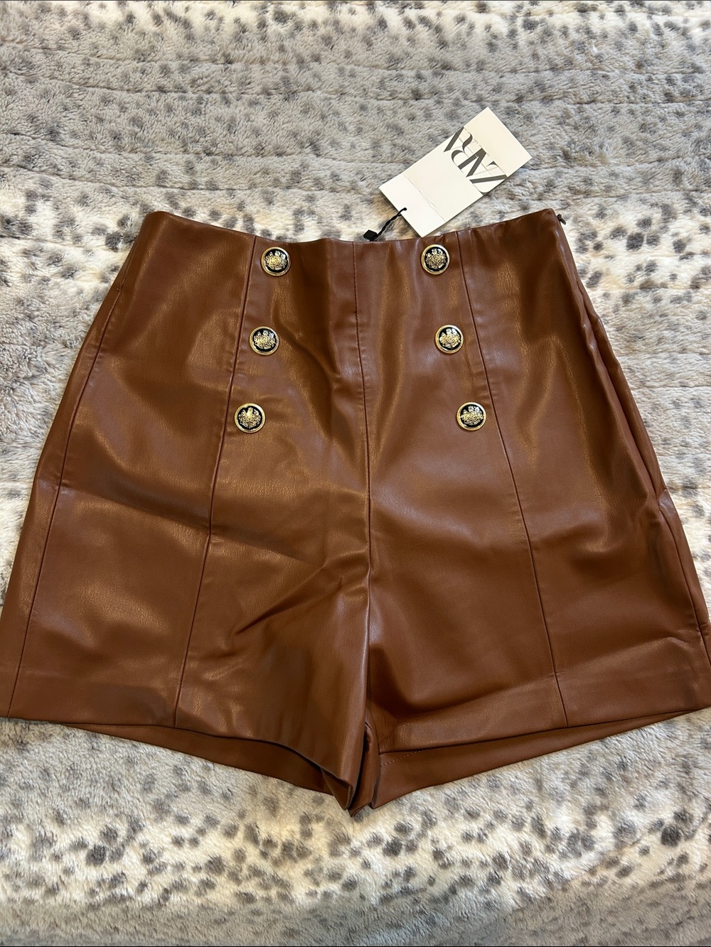 Zara Brown High-Waist Faux Leather Shorts with Gold Buttons